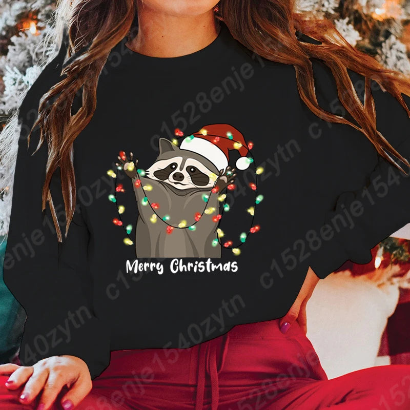 Christmas Light Racoon Merry Christmas Print Pullovers Women Autumn