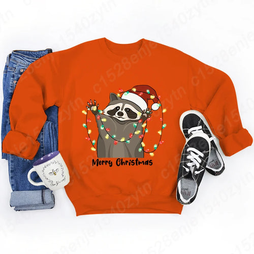 Christmas Light Racoon Merry Christmas Print Pullovers Women Autumn