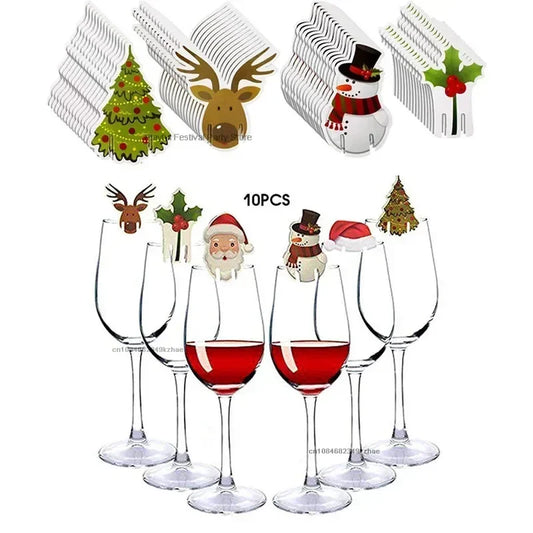 10pcs/set Christmas Glass Cup Card Santa Claus Hat Wine Glass Decor