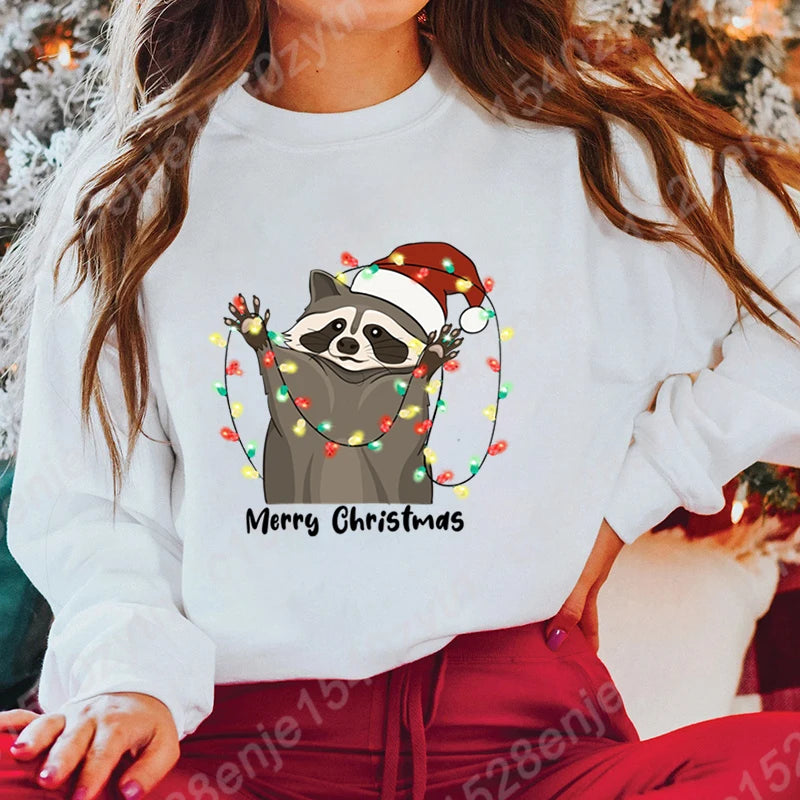 Christmas Light Racoon Merry Christmas Print Pullovers Women Autumn