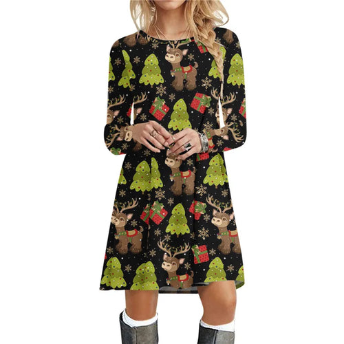 Christmas Deer Women Short Dresses Long Sleeve Festival Ladies Red