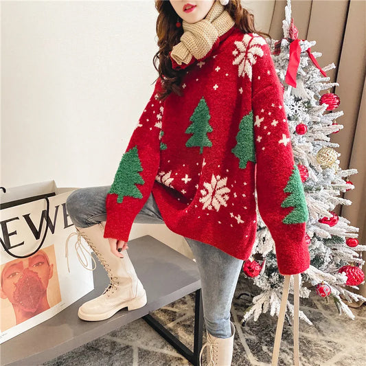 2024 Autumn/Winter New Korean Thickened Color blocked Christmas