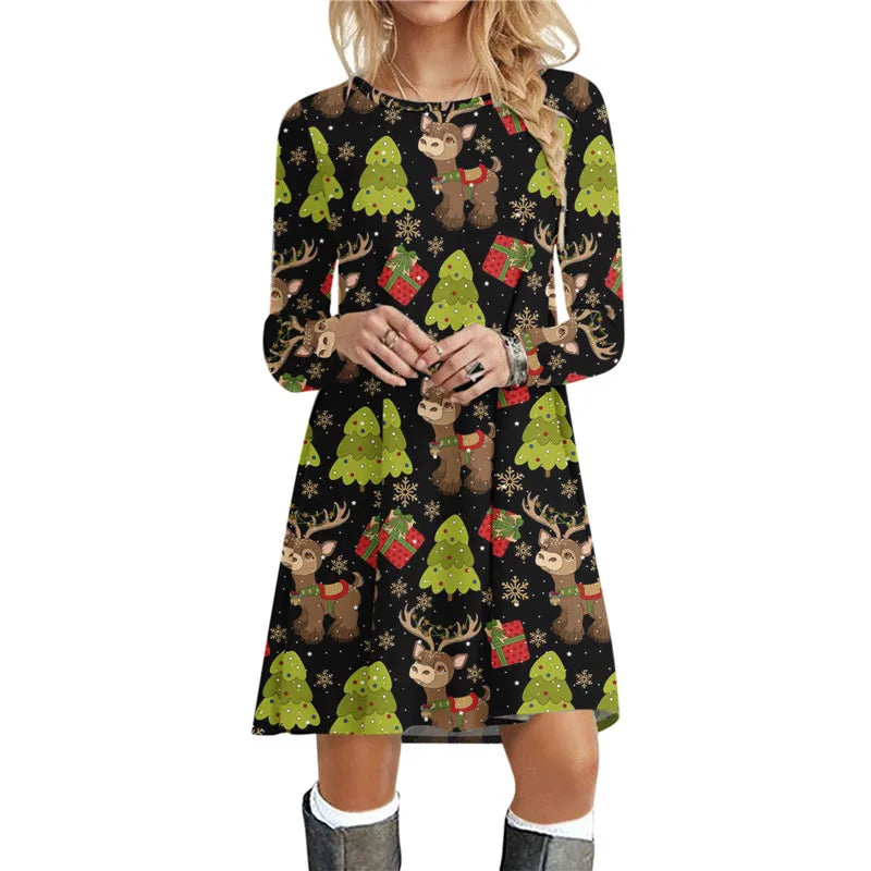 Christmas Deer Women Short Dresses Long Sleeve Festival Ladies Red