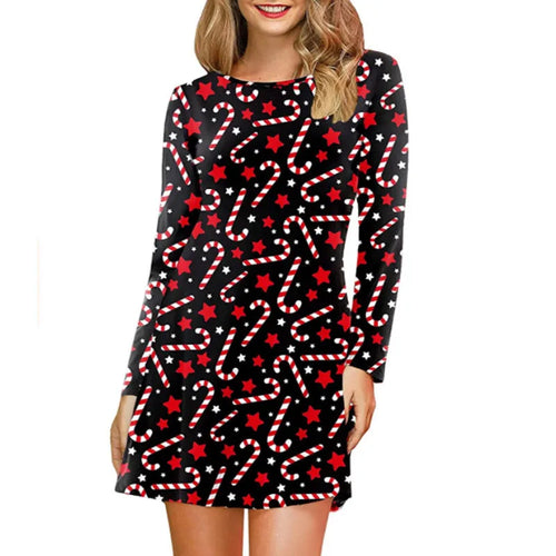 Christmas Deer Women Short Dresses Long Sleeve Festival Ladies Red