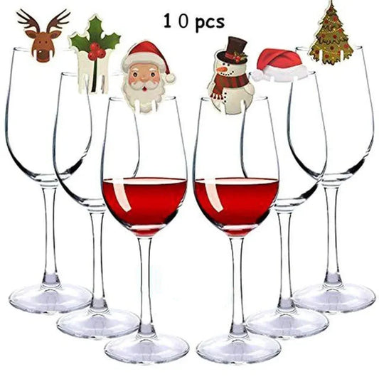 10pcs/set Christmas Glass Cup Card Santa Claus Hat Wine Glass Decor