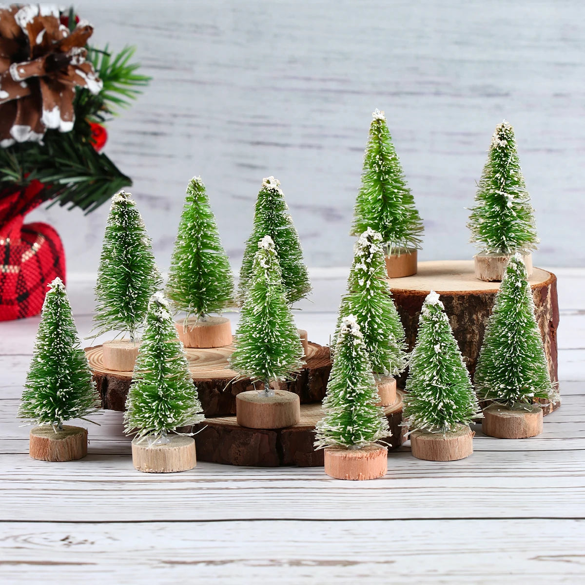 Artificial Mini Wooden Christmas Tree Blue Green White Gold Tower Pine