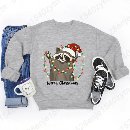 Christmas Light Racoon Merry Christmas Print Pullovers Women Autumn