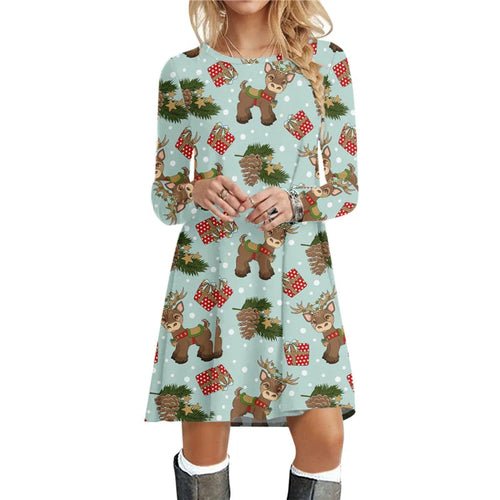 Christmas Deer Women Short Dresses Long Sleeve Festival Ladies Red - Christmas.ca