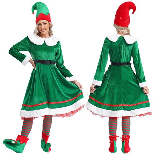 Womens Christmas Elf Cosplay Costume Flannel Dress with Hat Shoes Belt - Christmas.ca