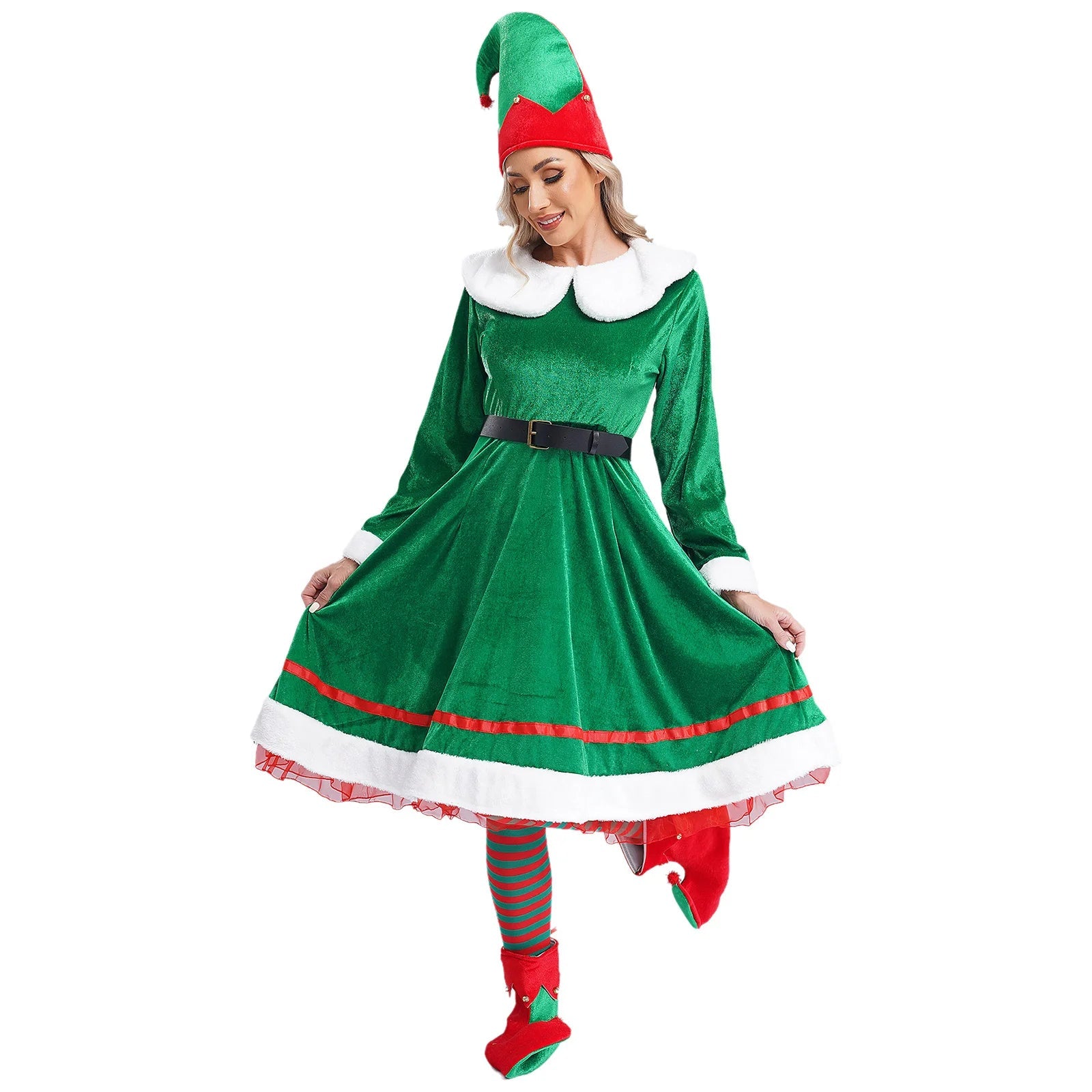 Womens Christmas Elf Cosplay Costume Flannel Dress with Hat Shoes Belt - Christmas.ca